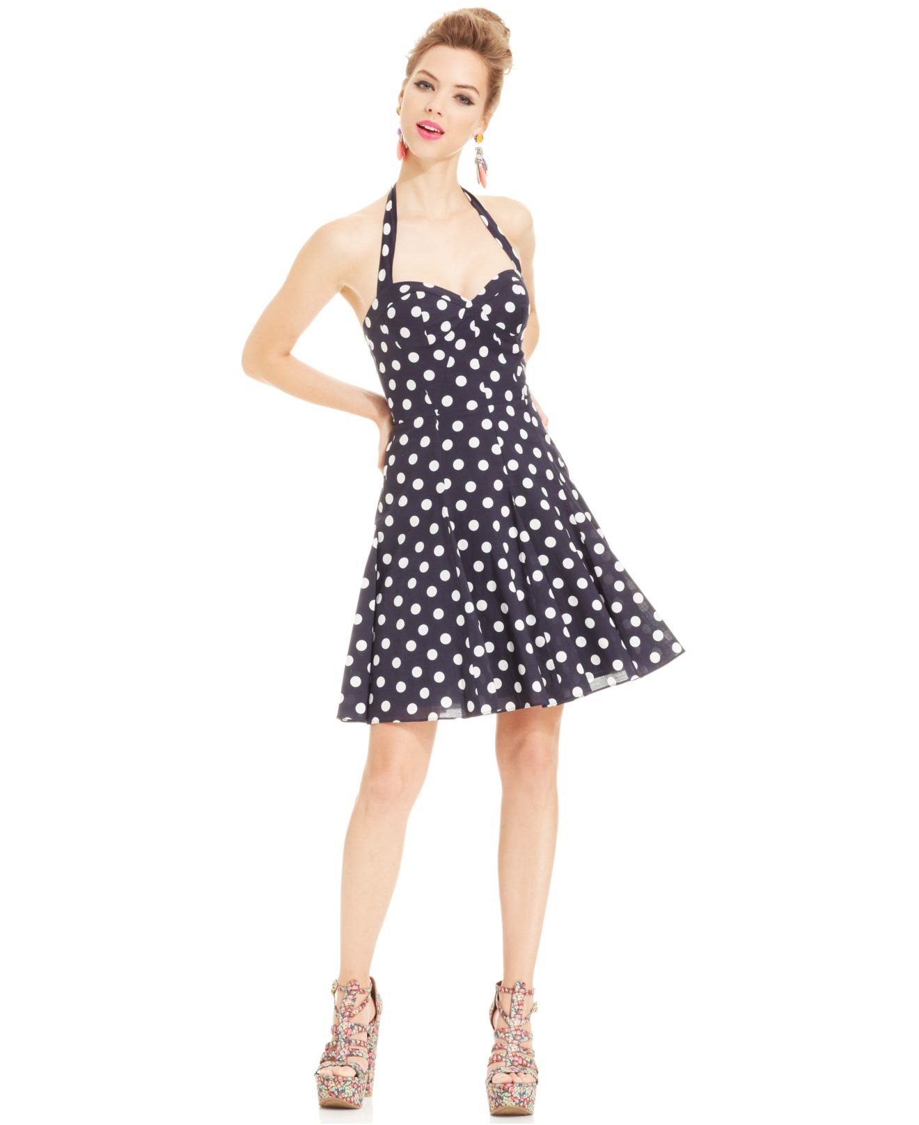 Lyst Betsey Johnson Sleeveless Polka Dot Halter Dress In Blue 1114