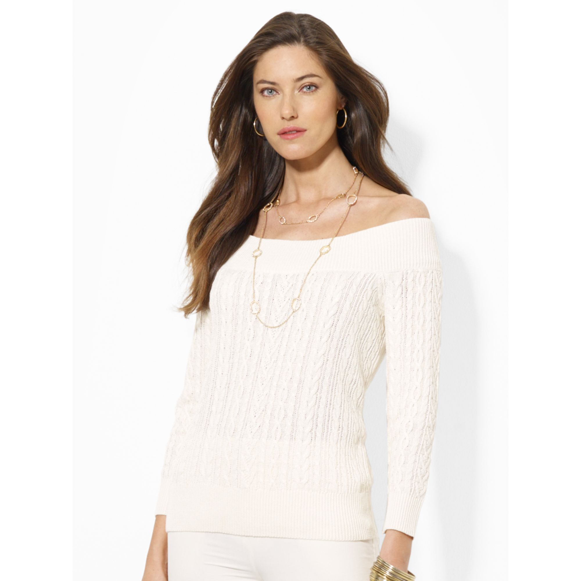 Ralph lauren Cable-Knit Ballet-Neck Sweater in Beige (Jasmine Cream) | Lyst