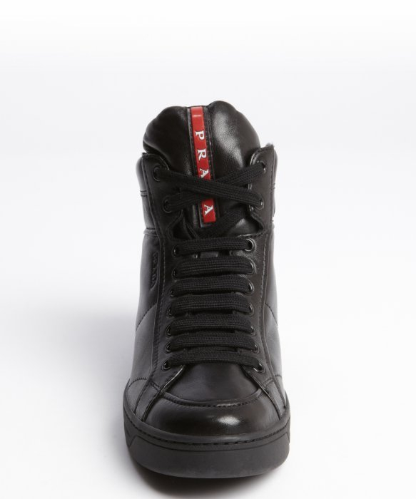 Lyst Prada Black Leather Lace Up High Top Sneakers In Black For Men
