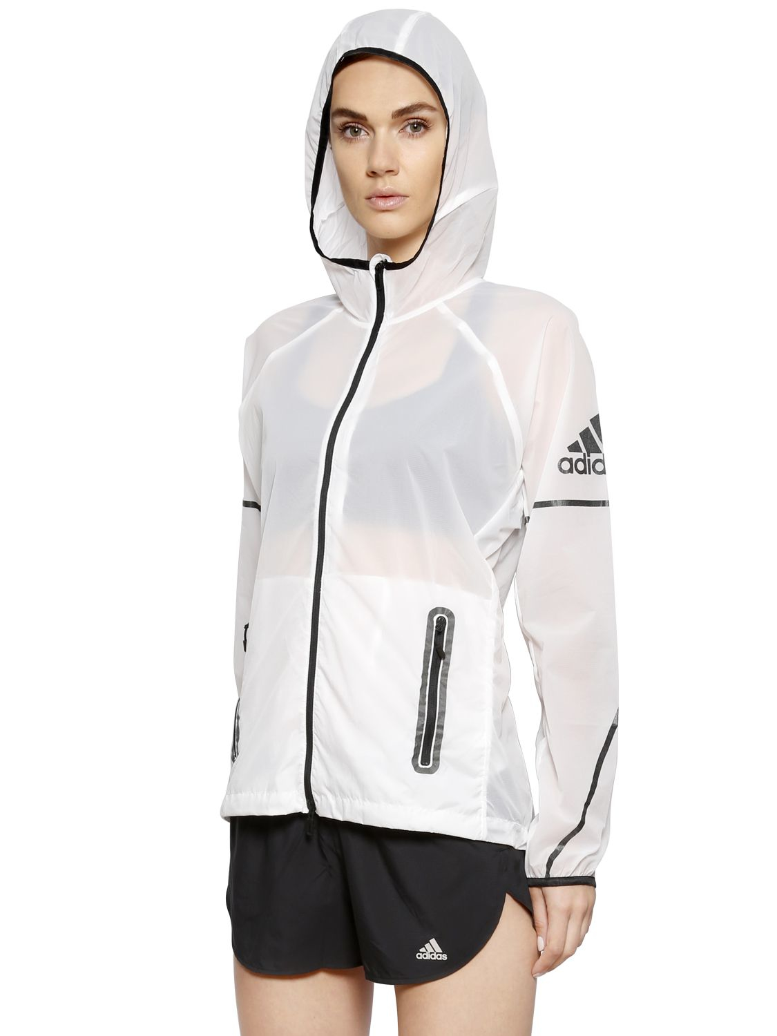 Adidas originals Hooded Zip-up Nylon Windbreaker Jacket in White | Lyst