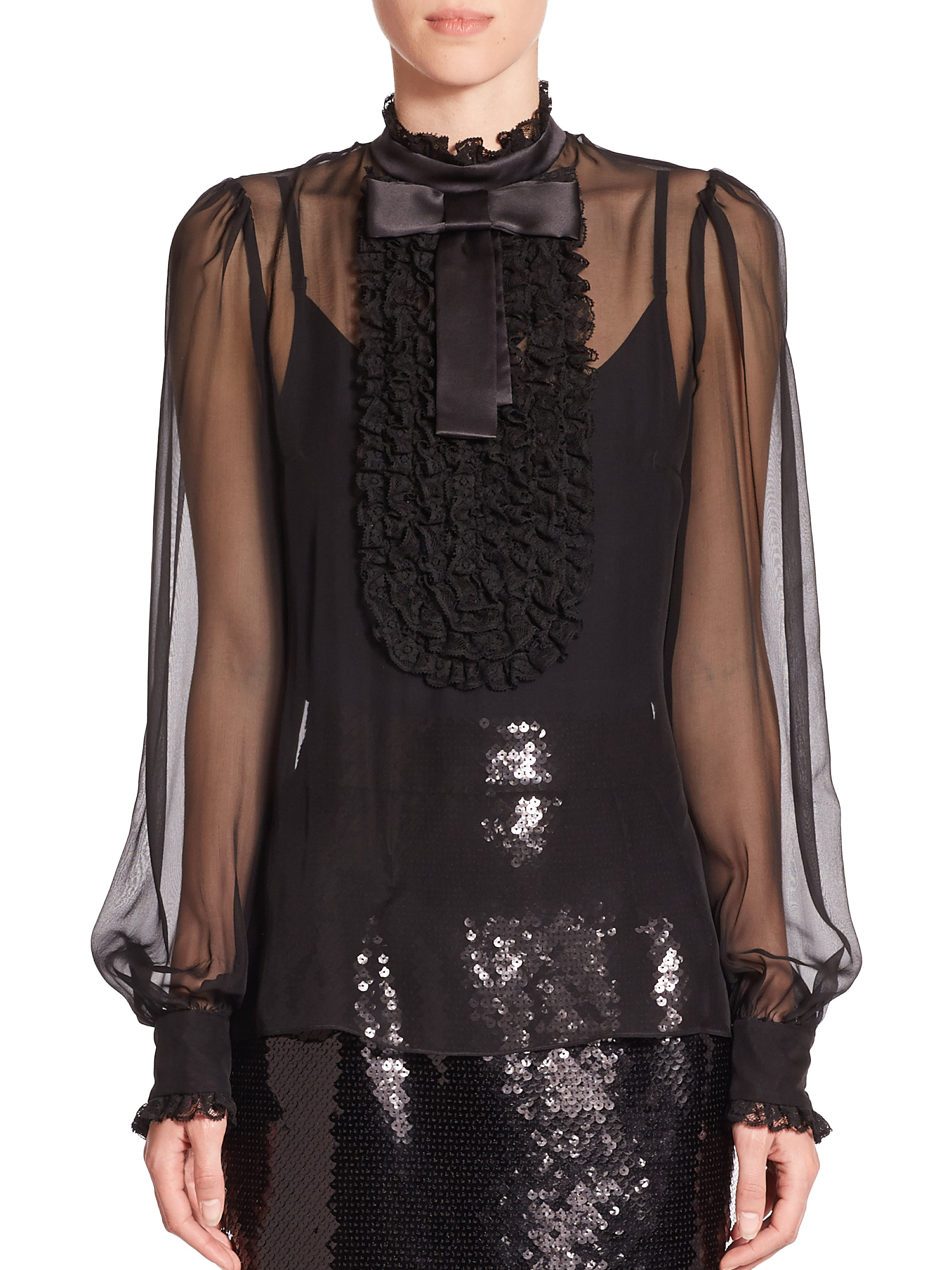 Lyst Dolce And Gabbana Sheer Chiffon Ruffle Bib Blouse In Black 