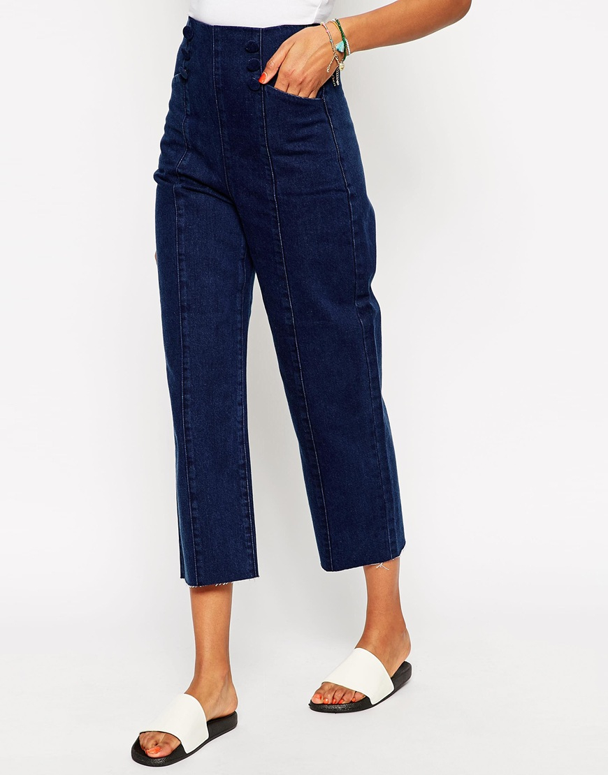 Lyst - Asos High Waist Wide Leg Jeans In Indigo With Matelot Detail in Blue