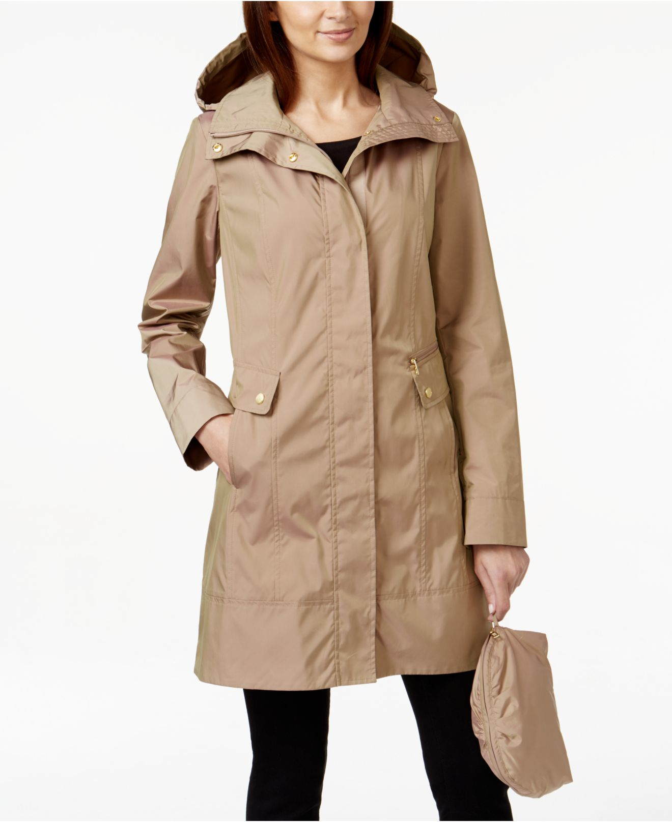 Cole haan Packable Hooded Raincoat in Natural | Lyst
