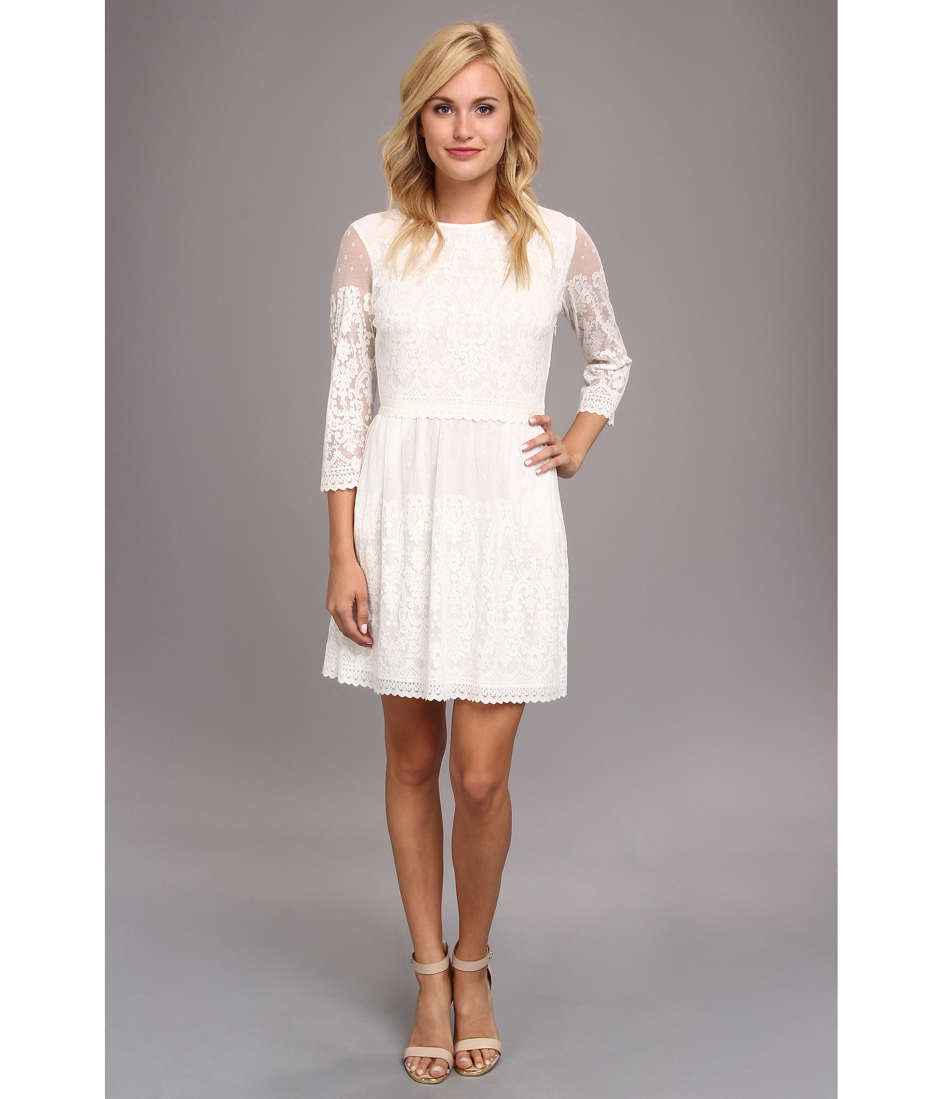 3 4 Sleeve White Lace Dress