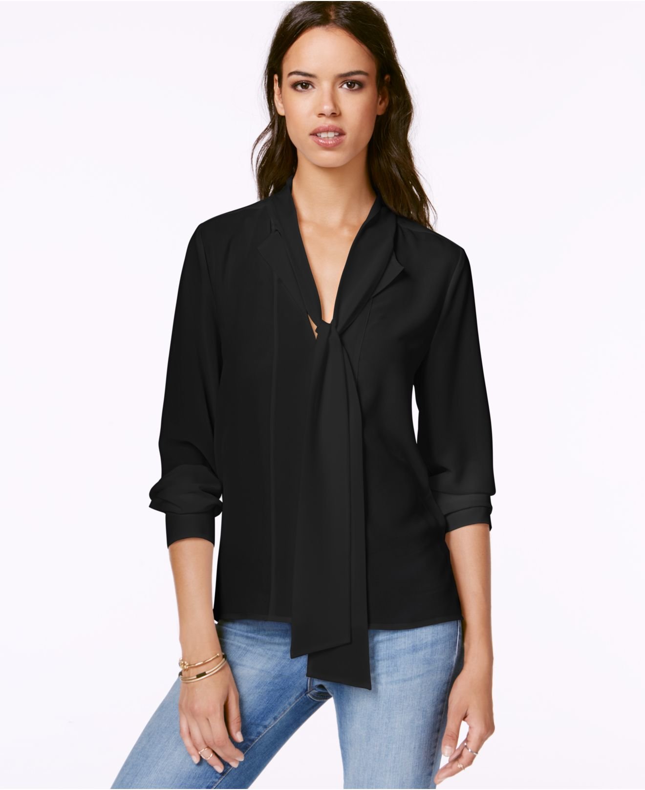 Lyst - Sanctuary Sacntuary Long-sleeve Tie-neck Blouse in Black