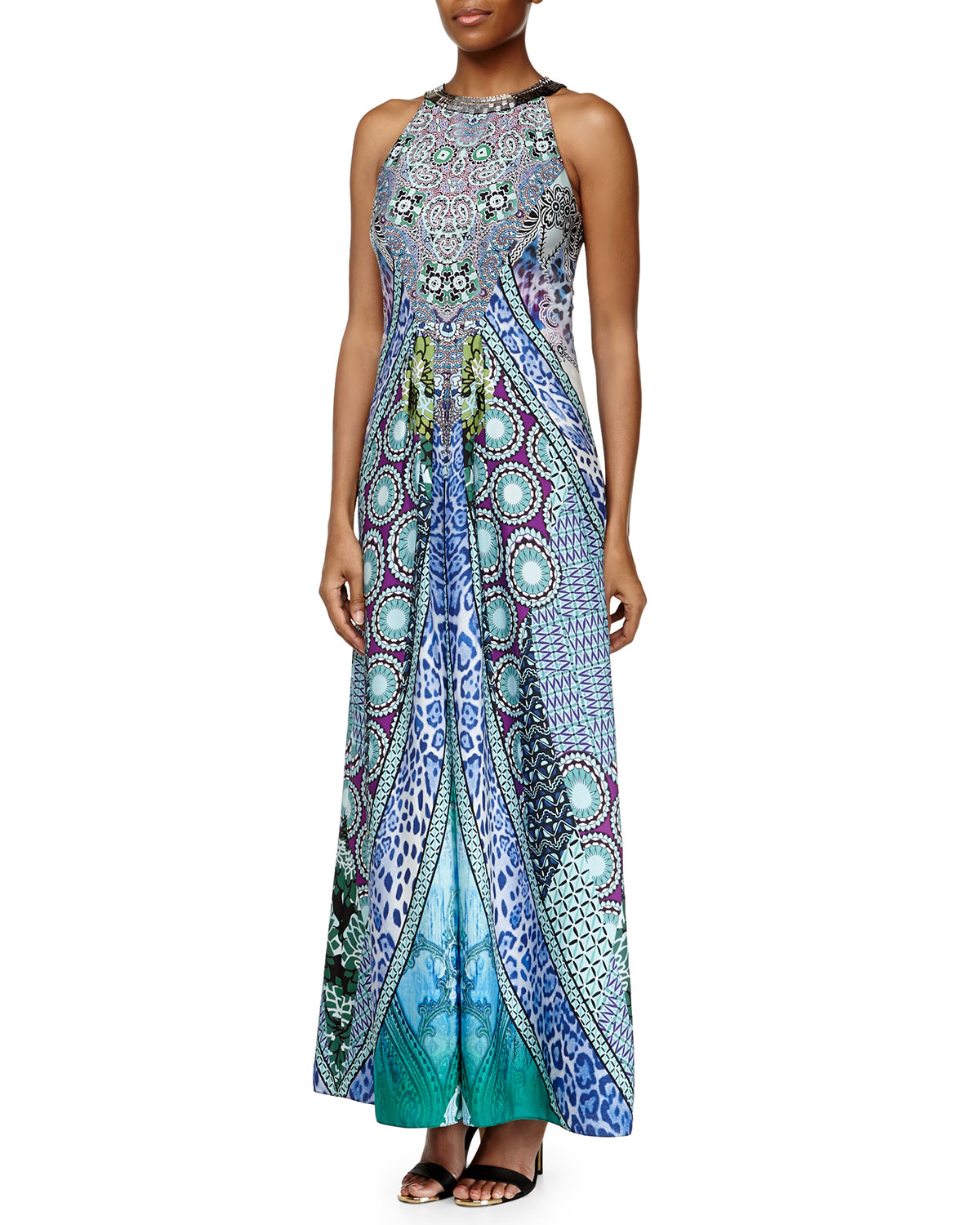 Ranna Gill Sleeveless Beaded-Neck Geometric-Print Maxi Dress in Blue | Lyst