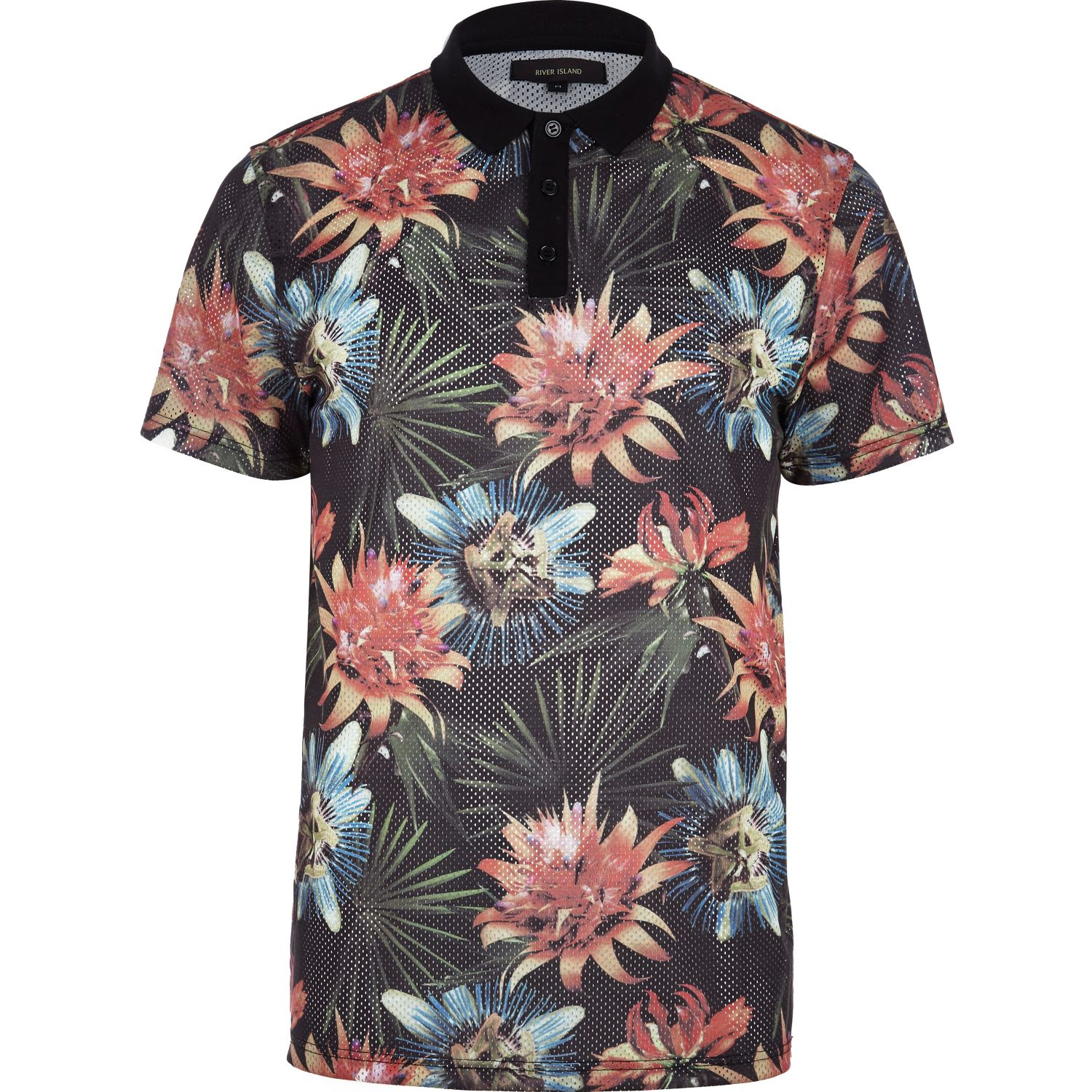 River Island Navy Tropical Floral Print Mesh Polo Shirt in Blue for Men ...
