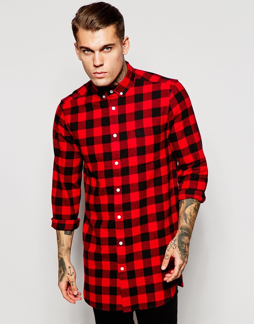 Lyst - Asos Super Longline Shirt In Buffalo Check in Black for Men