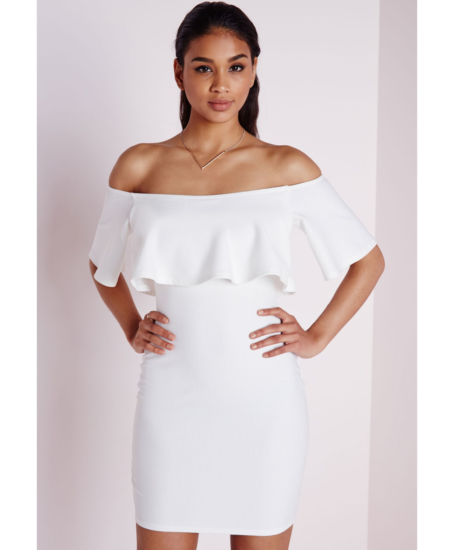 white frill bardot dress