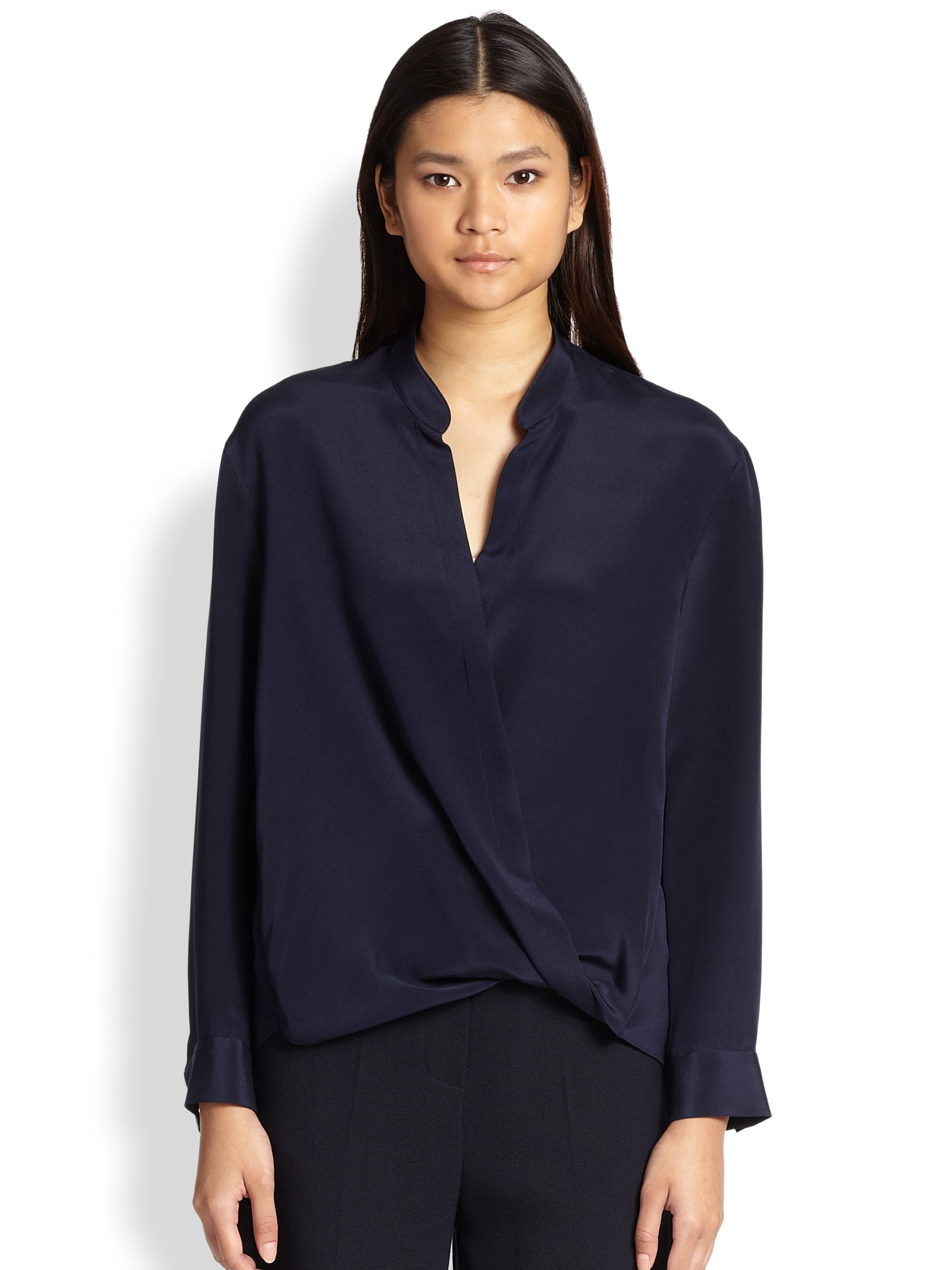 3.1 Phillip Lim Silk Draped Crossover Blouse in Blue (NAVY) | Lyst