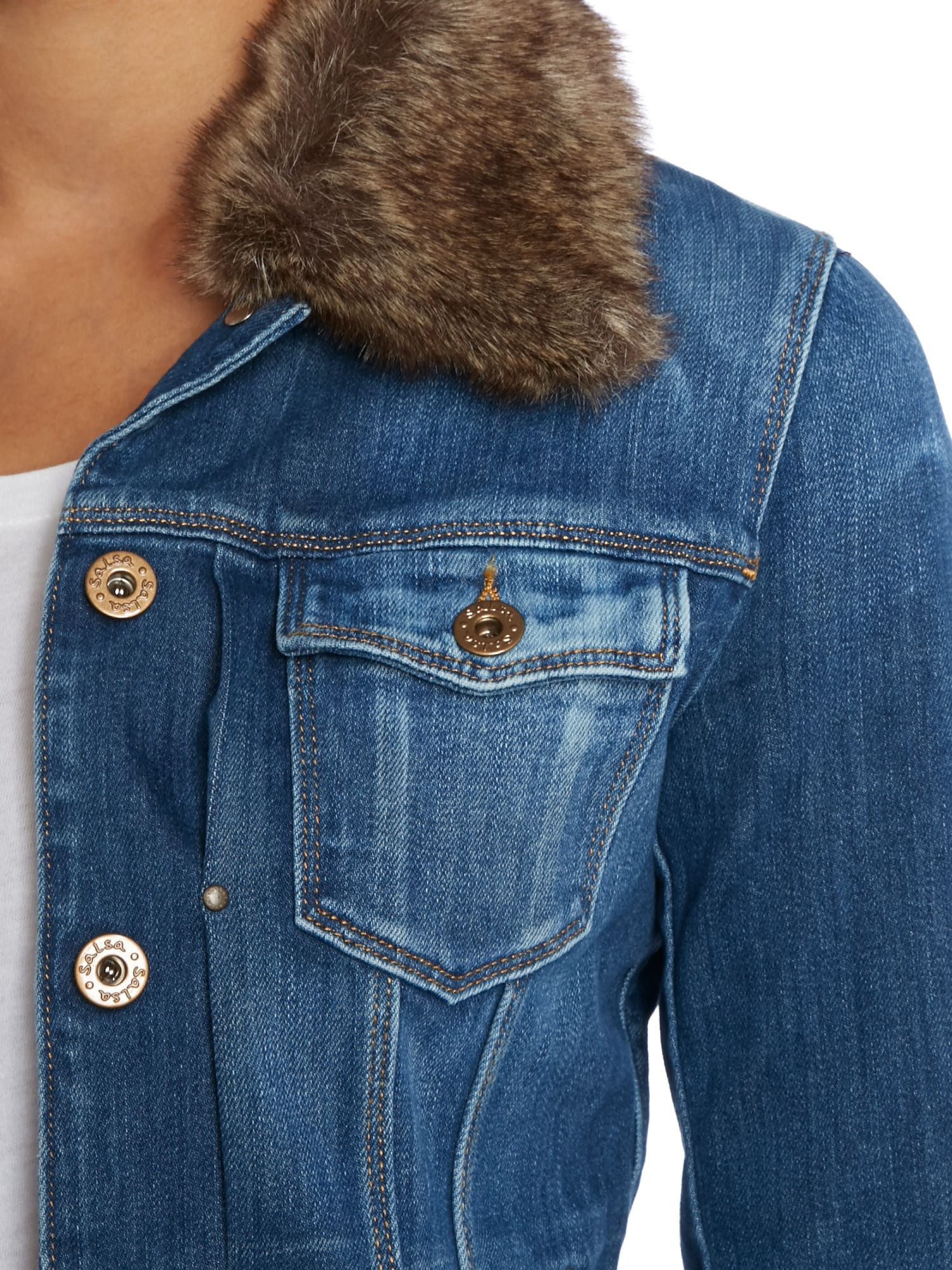 Salsa Denim Jacket With Faux Fur Collar in Blue (Denim Mid Wash) | Lyst