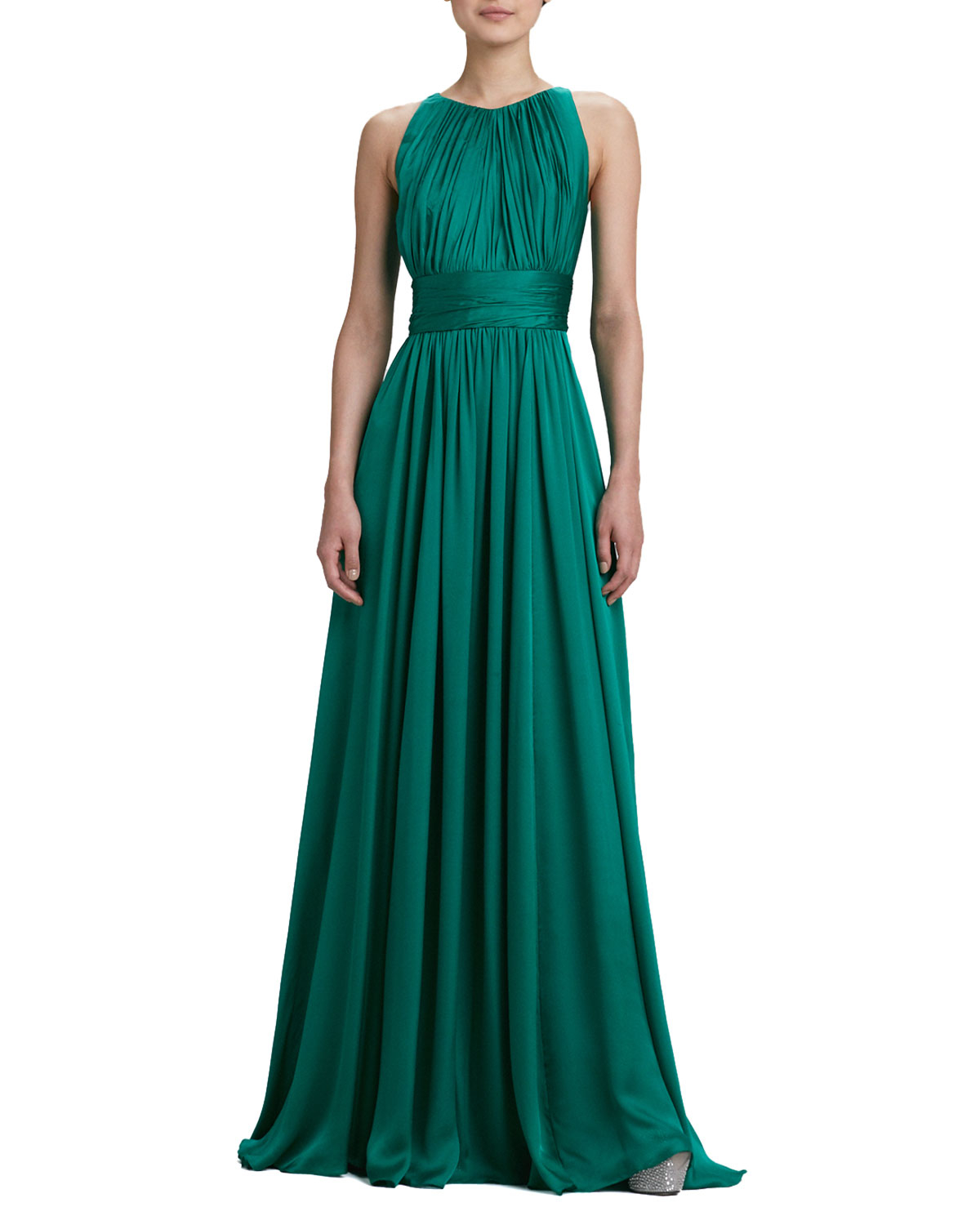 Badgley Mischka Collection Sleeveless Pleated Gown in Green (EMERALD ...