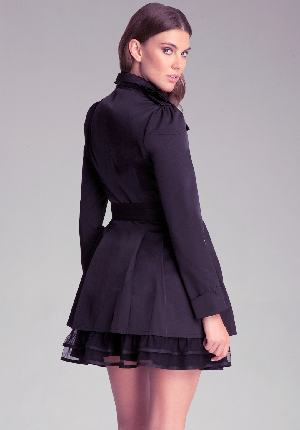Lyst Bebe Ruffle Collar Trench Coat in Black