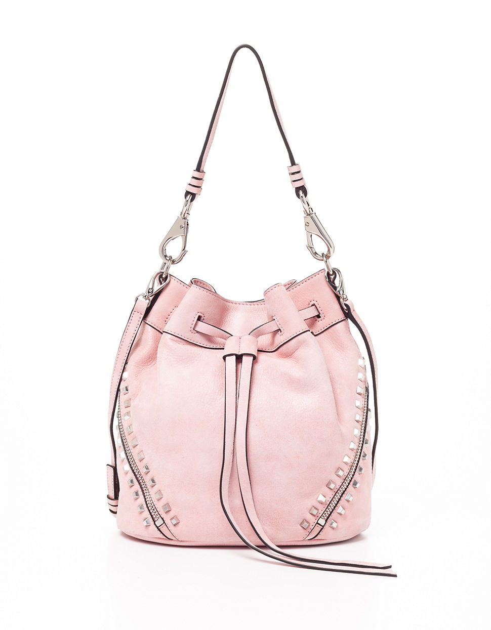 Lyst She + Lo Make Your Mark Studded Leather Drawstring Bag in Pink