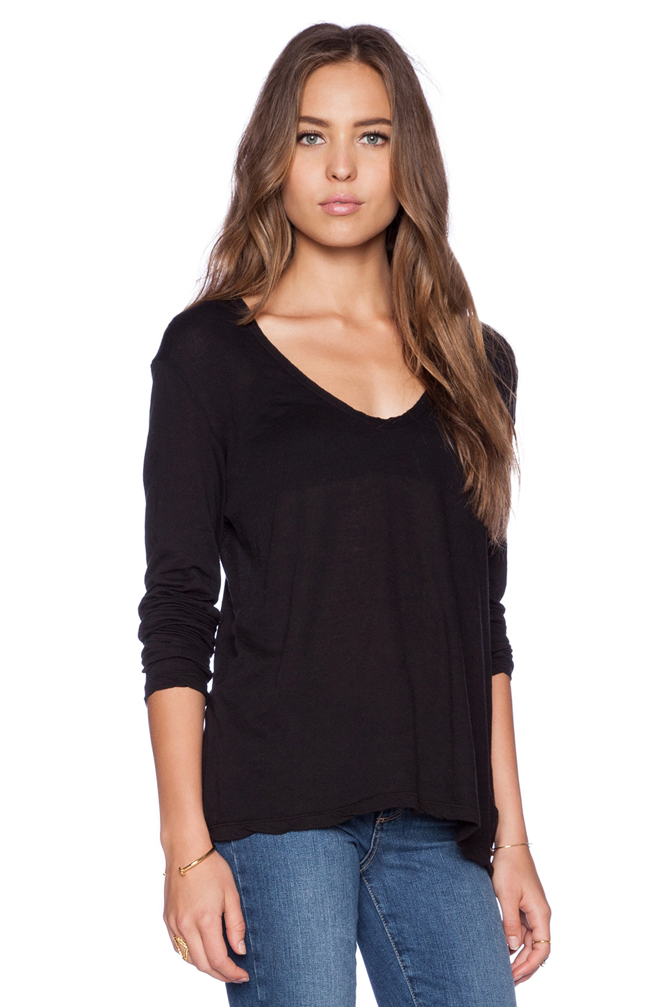 James Perse Soft V Long Sleeve Tee in Black | Lyst