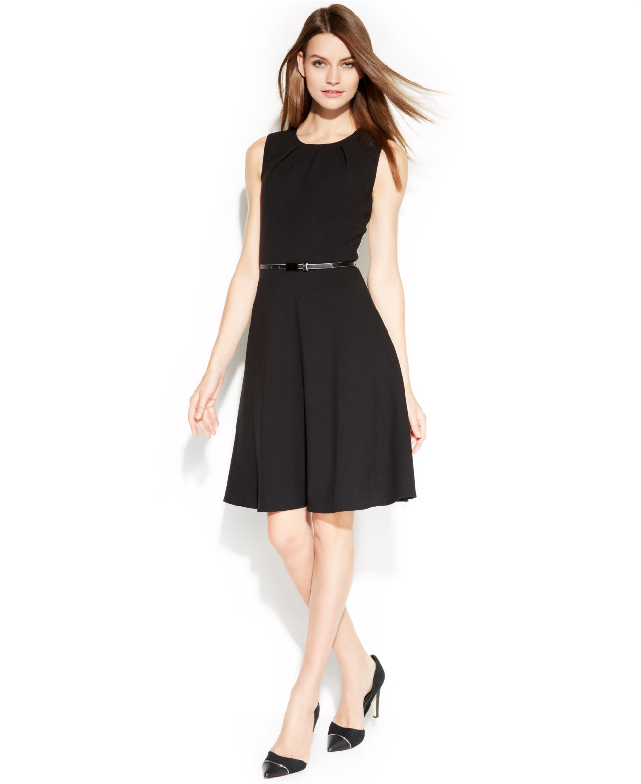 Calvin klein Sleeveless Pleated Belted A-line Dress in Black | Lyst