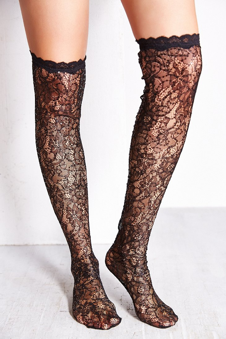 Lyst Urban Outfitters Lace Sequin Over The Knee Sock In Black