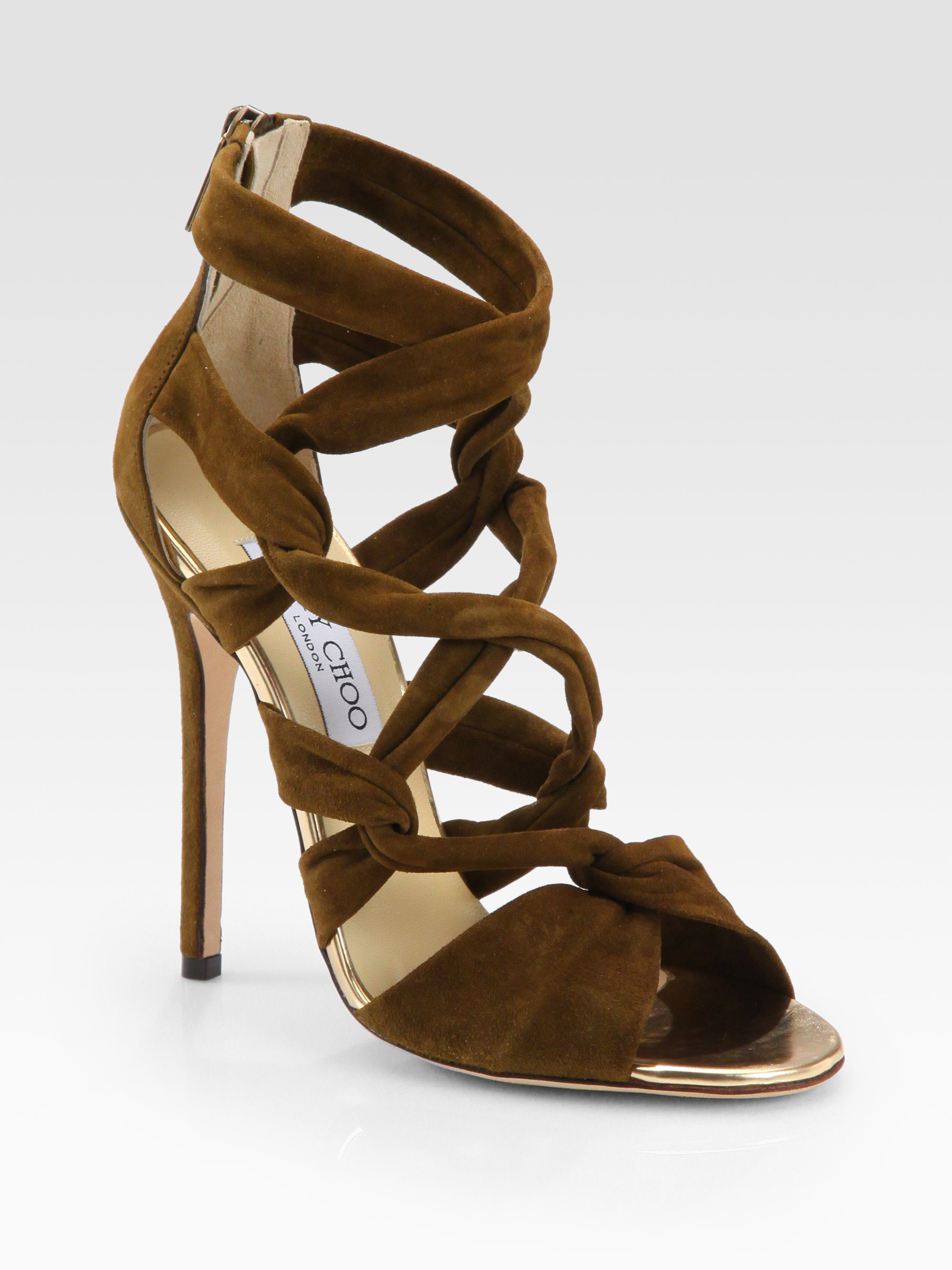 Jimmy Choo Kemble Knotted Suede Sandals in Brown - Lyst