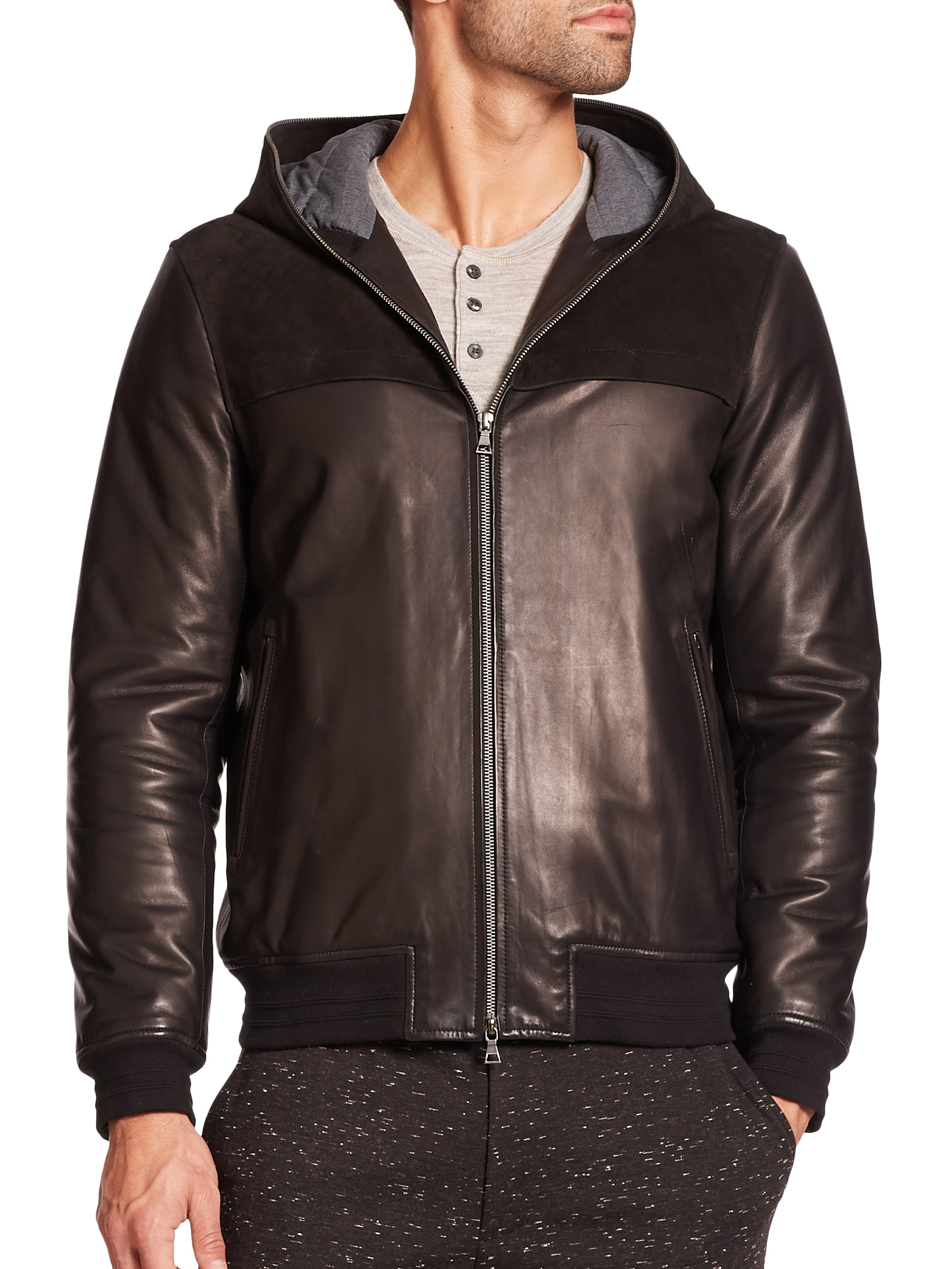 Mens Black Leather Hooded Er Jacket Cashmere Sweater England Mens Black Leather Hooded Er Jacket 56
