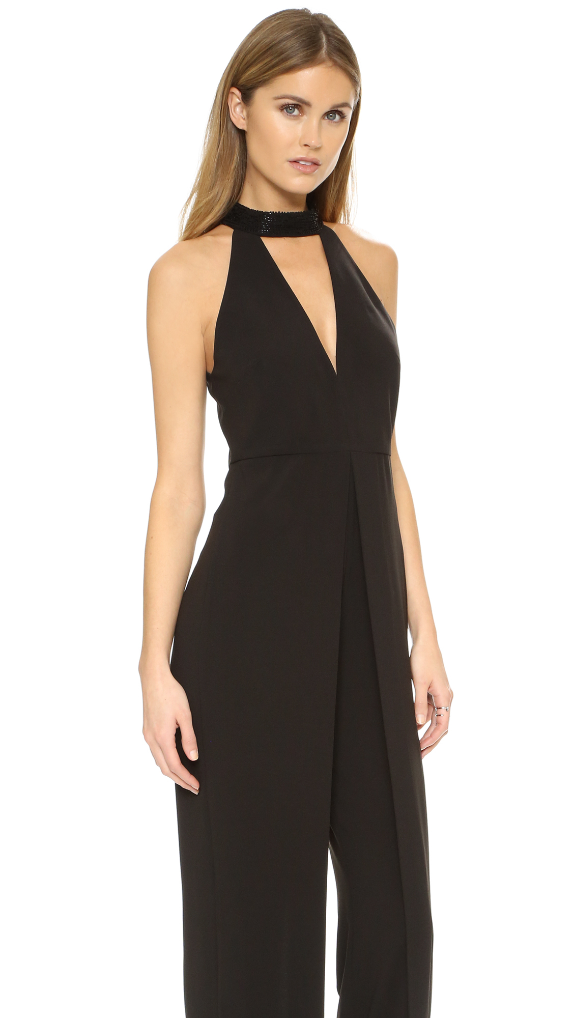 Halston High Neck Jumpsuit With Beading in Black - Lyst