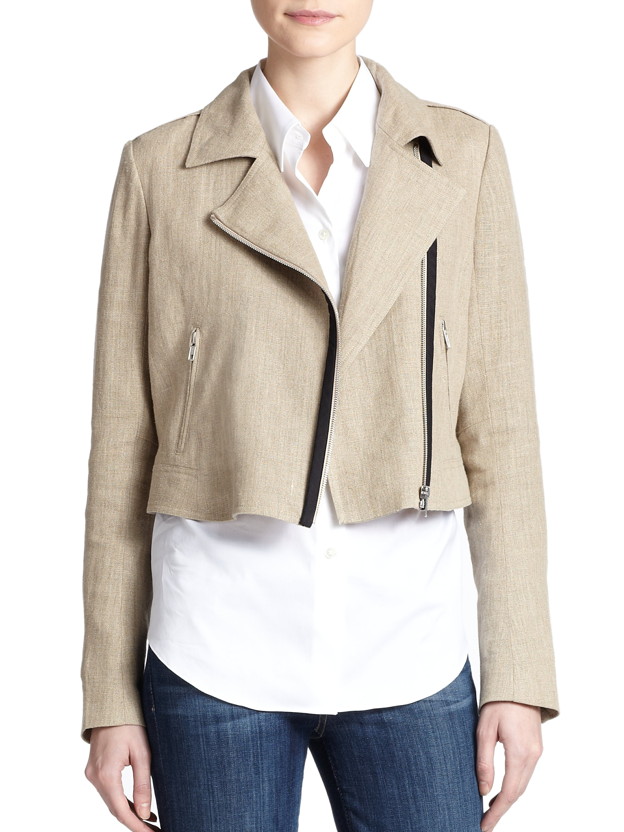 Lyst - Theory Sanda Linen Moto Jacket in Natural