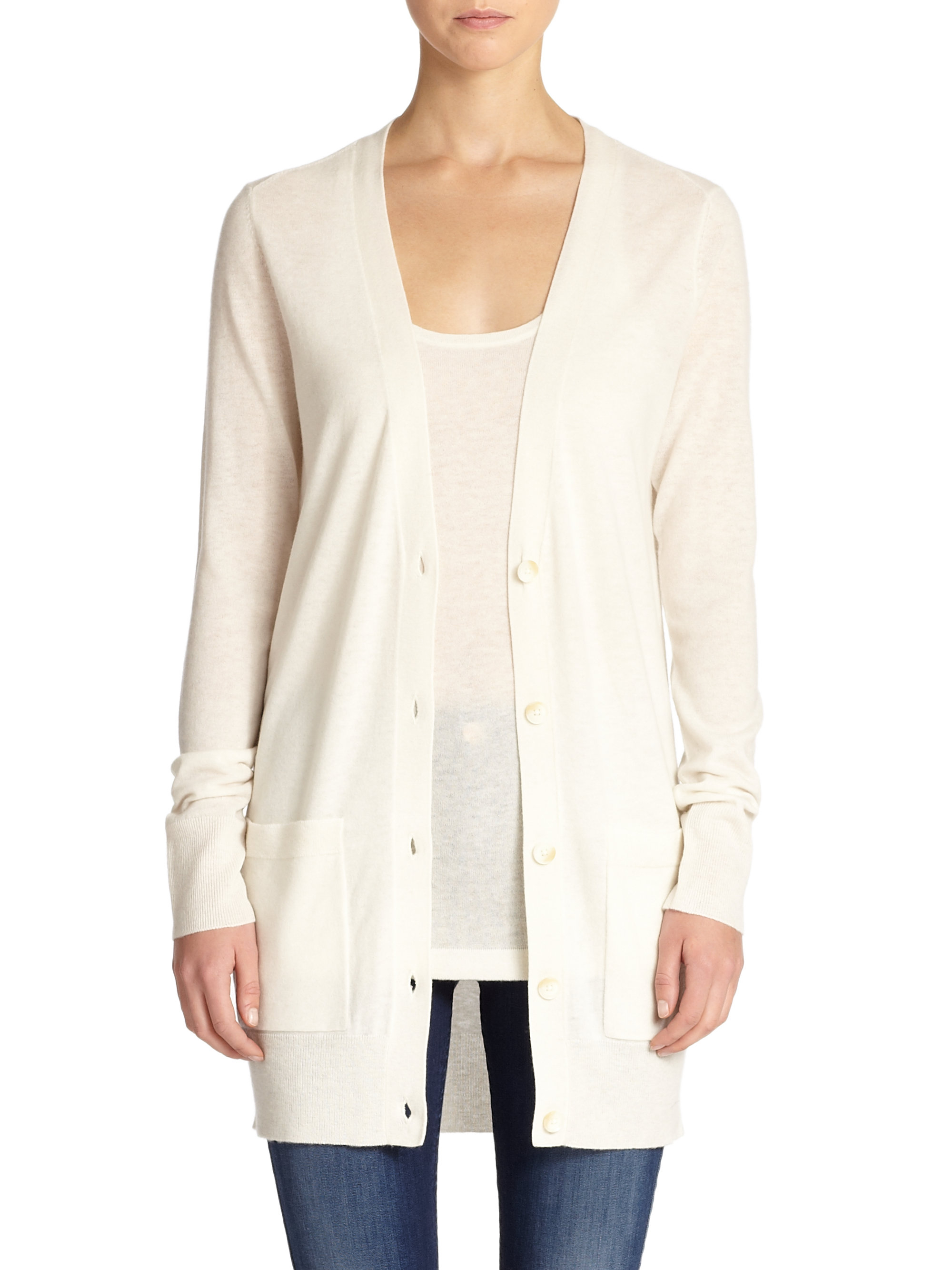 Saks fifth avenue Cashmere Long Cardigan in White | Lyst