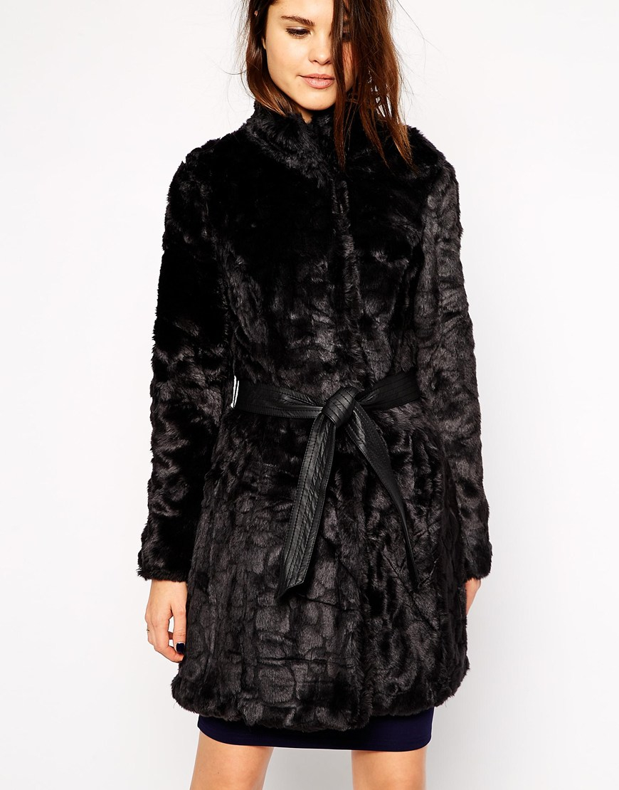 Belted faux fur coat