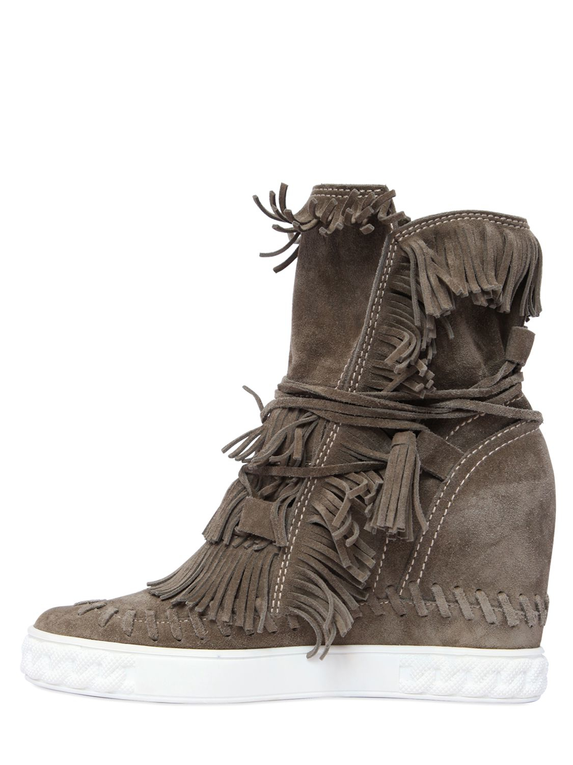 Lyst - Casadei 80mm Fringe Suede Wedge Boots in Natural