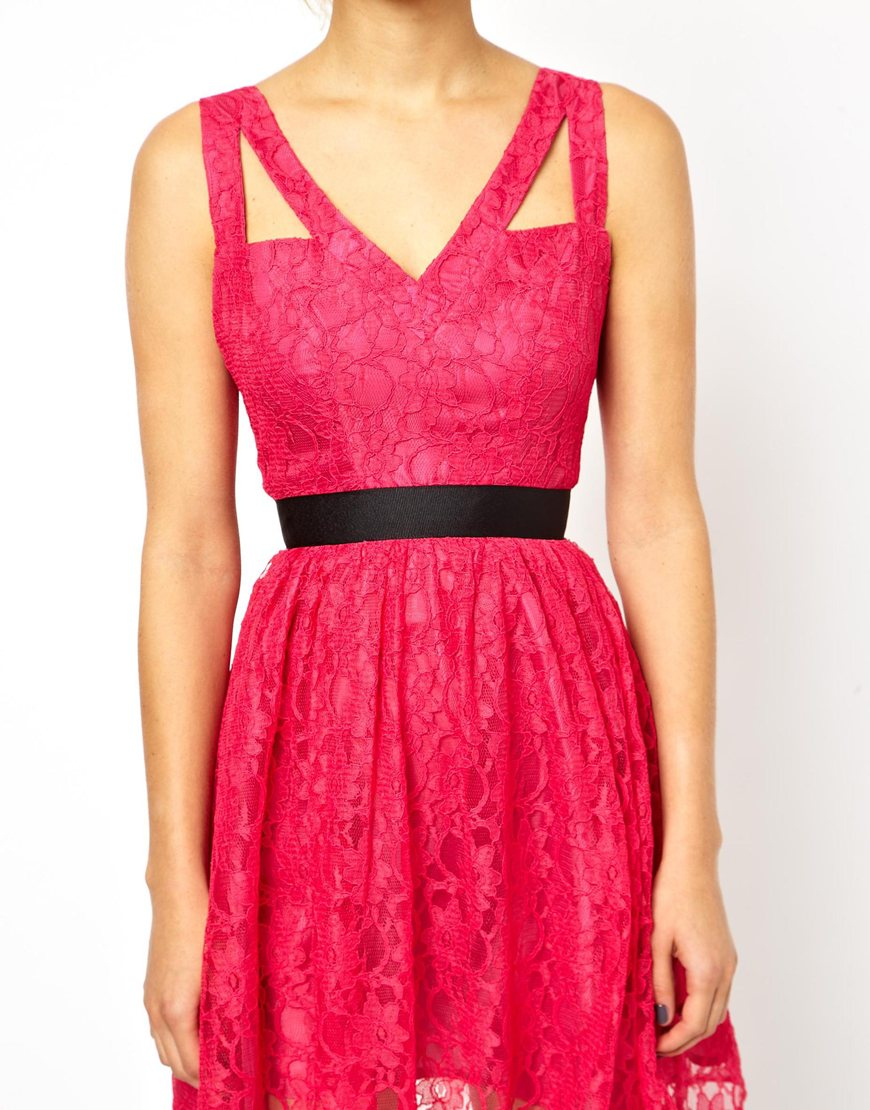 Lyst Asos Exclusive Lace Skater Dress With Cut Out Strap In Pink