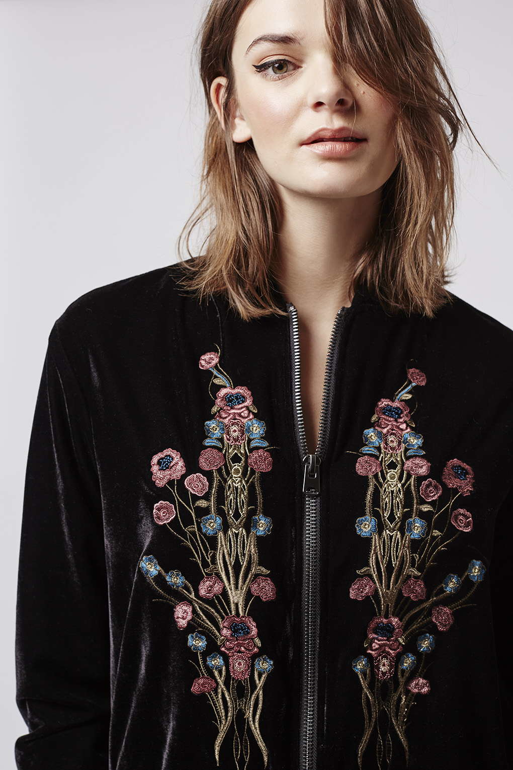 Lyst - Topshop Velvet Embroidered Bomber Jacket in Black