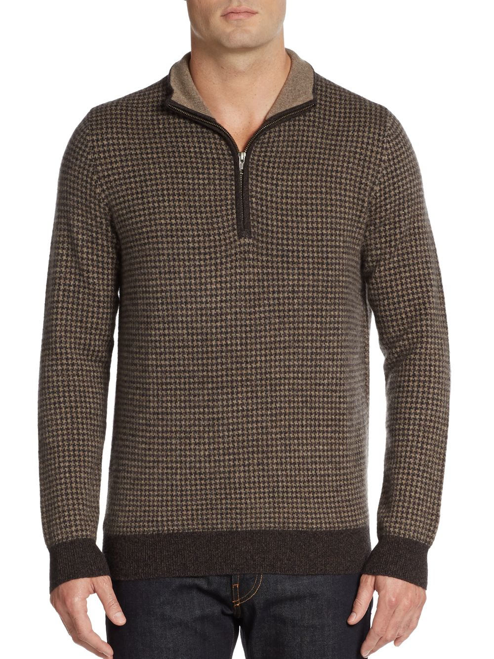 Lyst - Saks Fifth Avenue Zip-placket Houndstooth Cashmere Sweater in ...