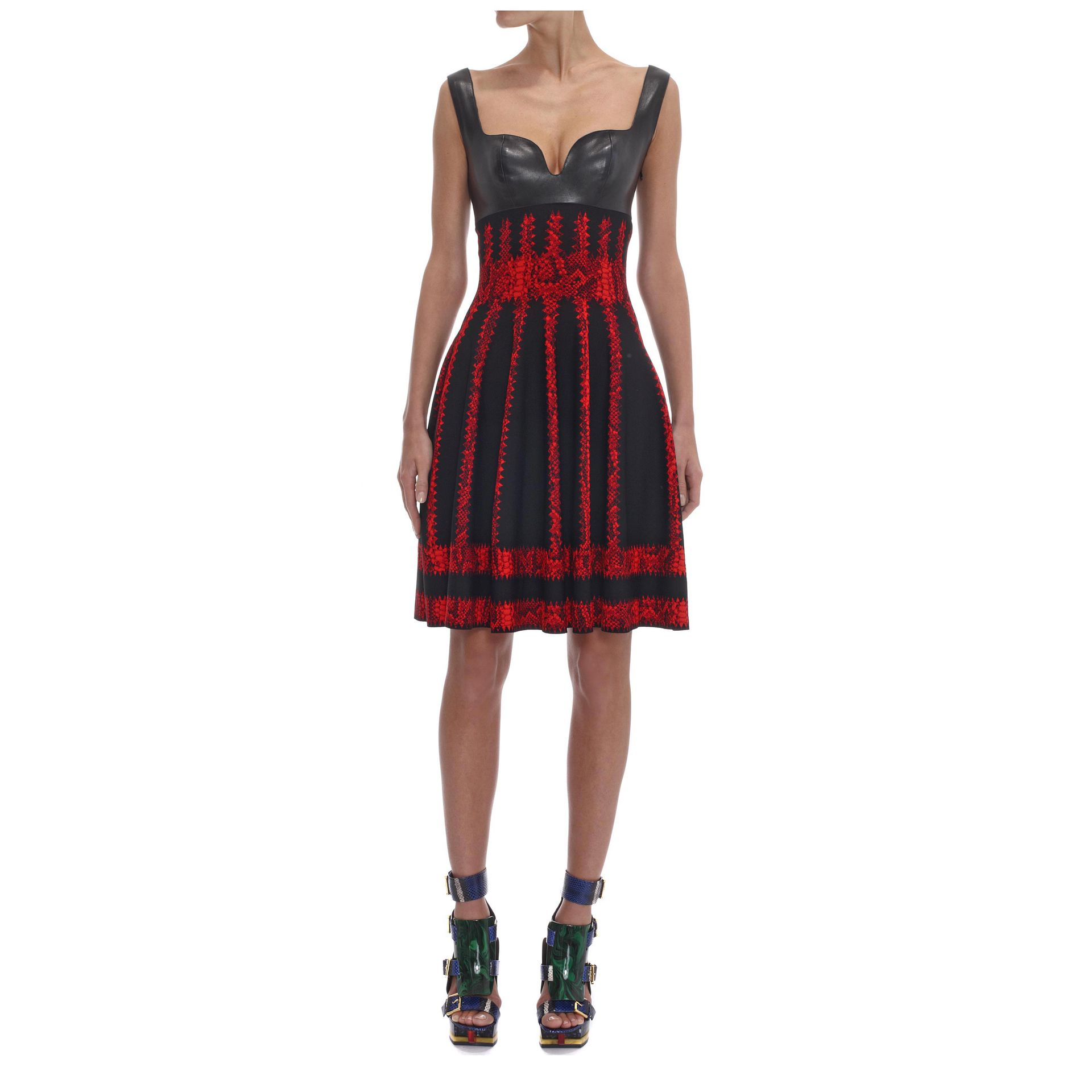 Lyst - Alexander Mcqueen Leather Bra Jacquard Knit Dress in Red