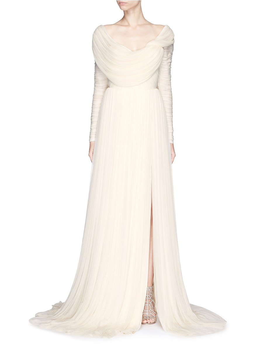 Lyst Delpozo Madetoorder Gathered Shoulder Silk Tulle Bridal Gown