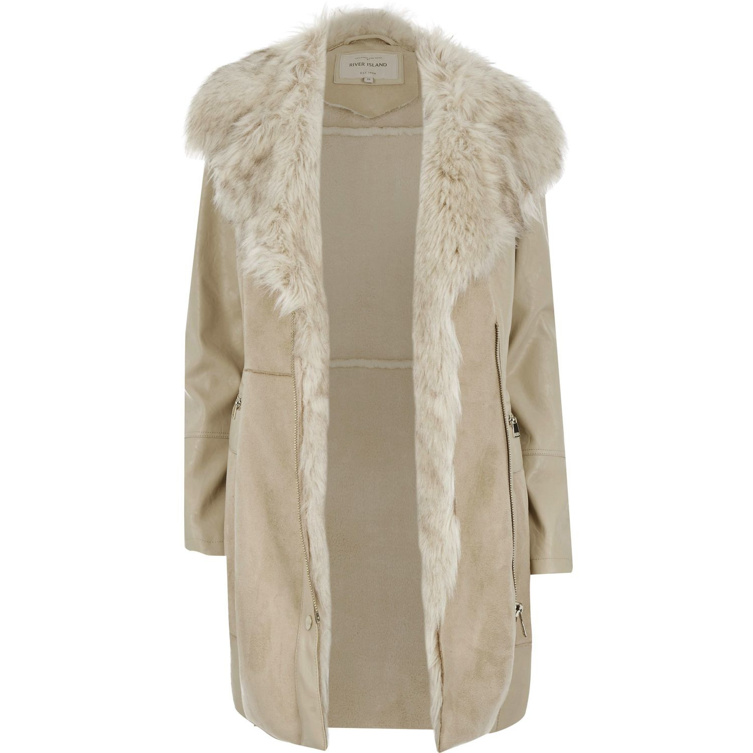 River island Cream Faux Suede Winter Coat in Natural | Lyst