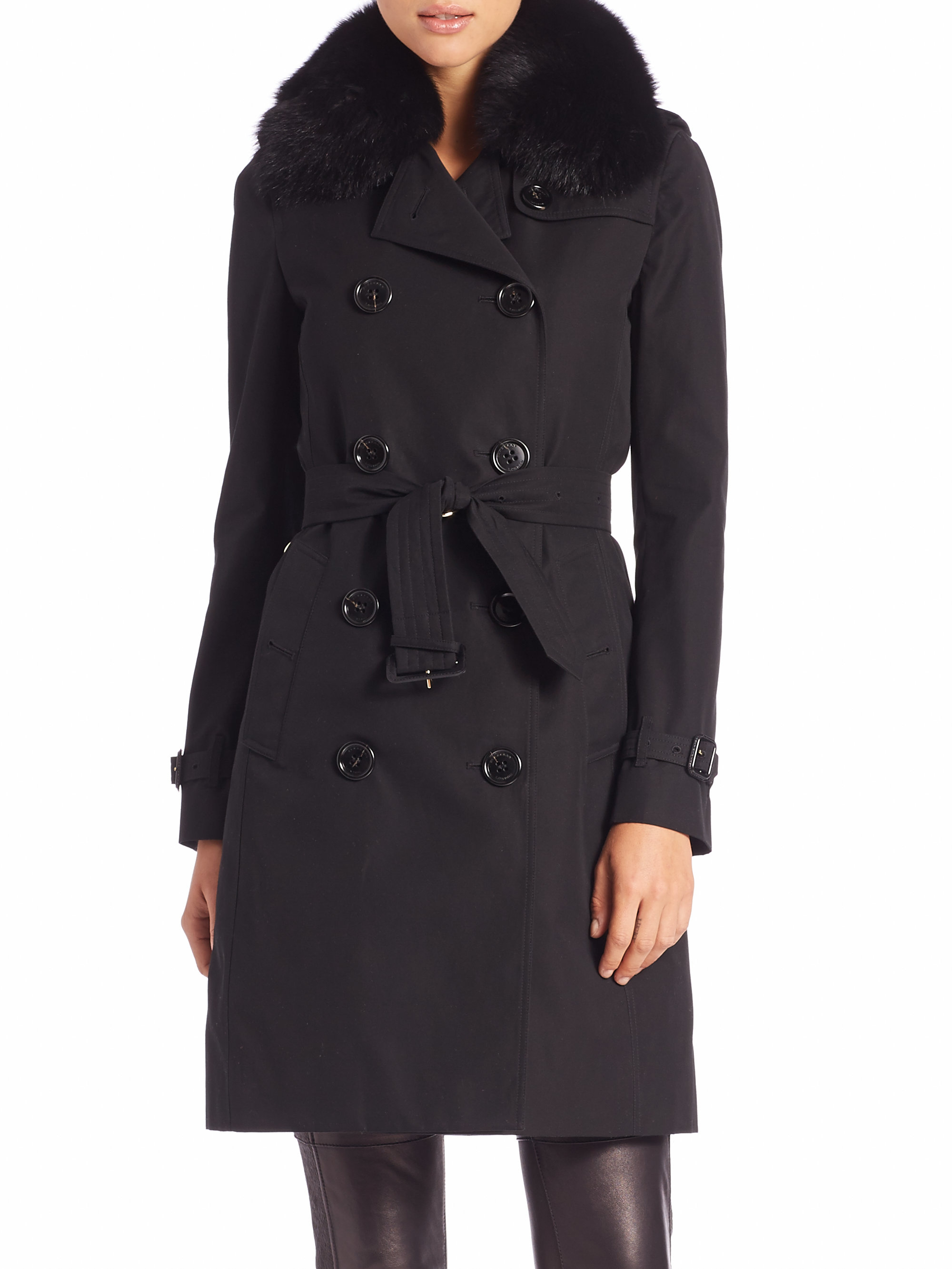 Burberry Fur-collar Trench Coat in Black | Lyst