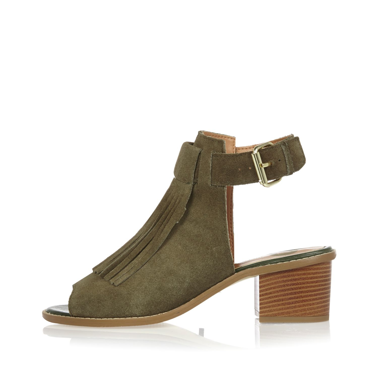 Lyst - River Island Khaki Suede Fringed Block Heel Sandals in Natural