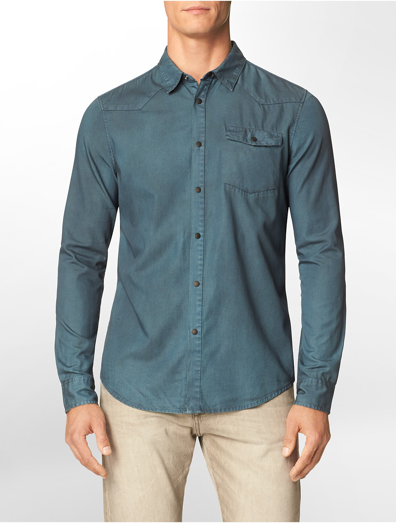 Calvin klein Jeans Slim Fit Chambray Snap Front Cotton Shirt in Blue ...