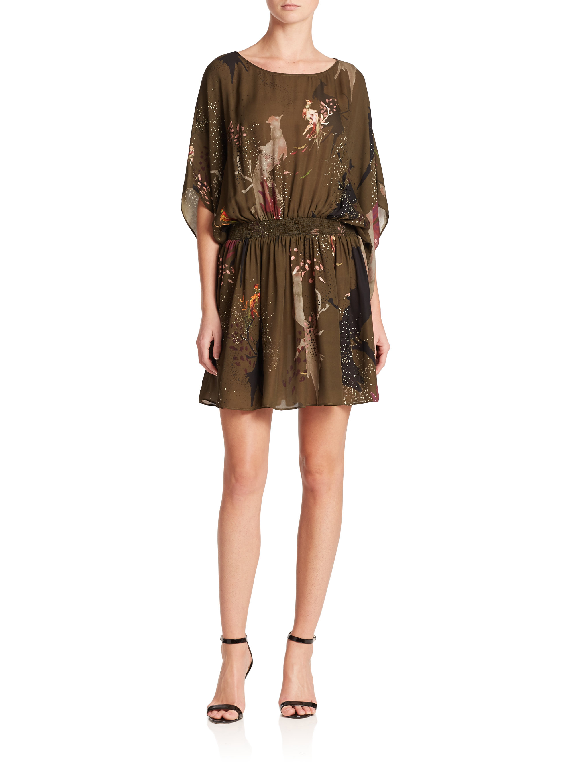 Haute hippie Smocked Printed Silk Dress in Brown (birds of paradise) | Lyst