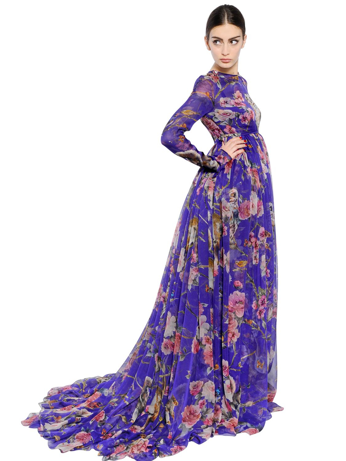 Dolce & Gabbana Floral Printed Silk Chiffon Dress in Purple - Lyst