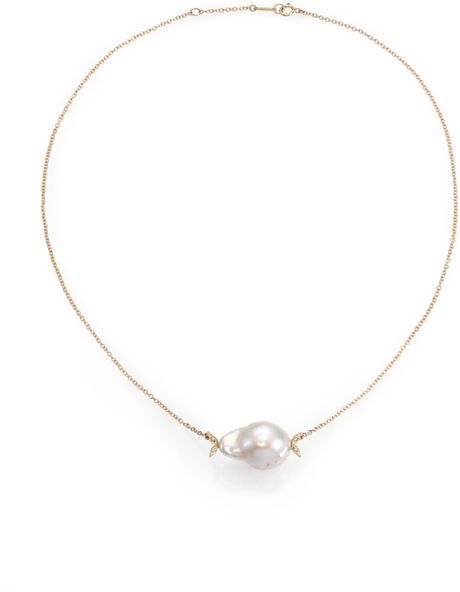 ... White Baroque Pearl, Diamond  14K Yellow Gold Necklace in Gold (PEARL