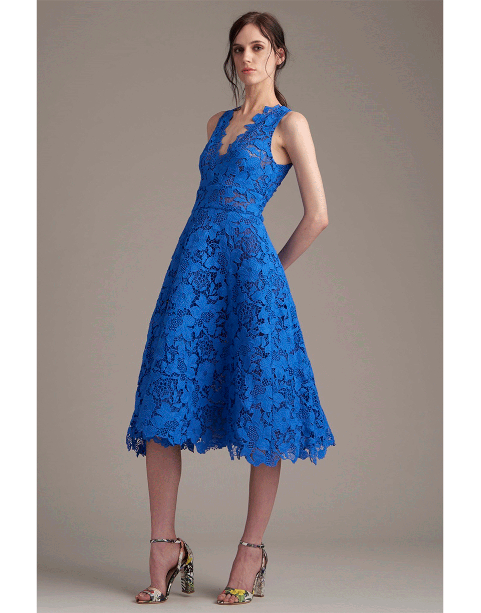 Lyst Monique Lhuillier Lace Tea Length Dress In Blue Gallery