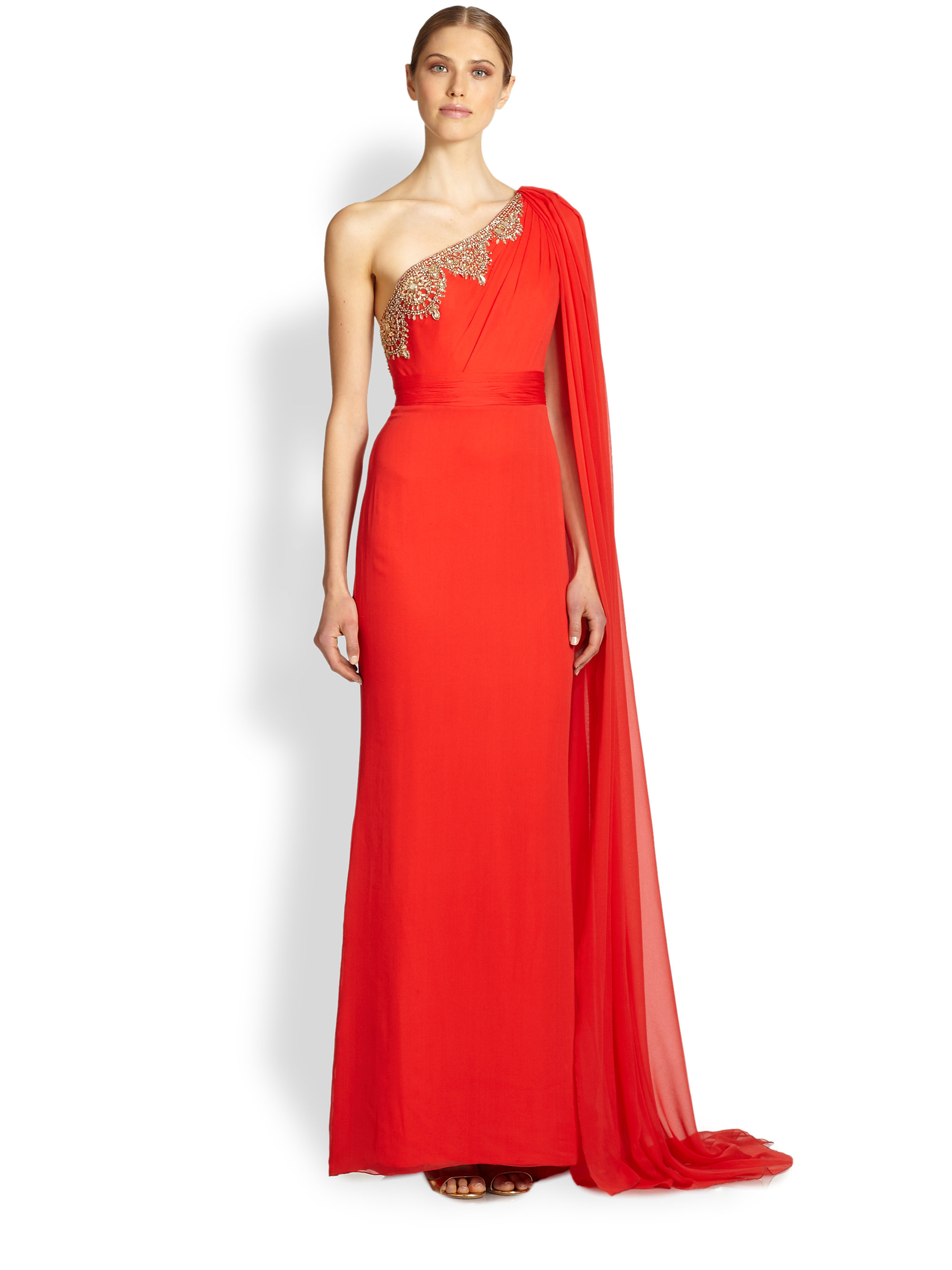 Marchesa notte Draped Oneshoulder Silk Gown in Red - Lyst