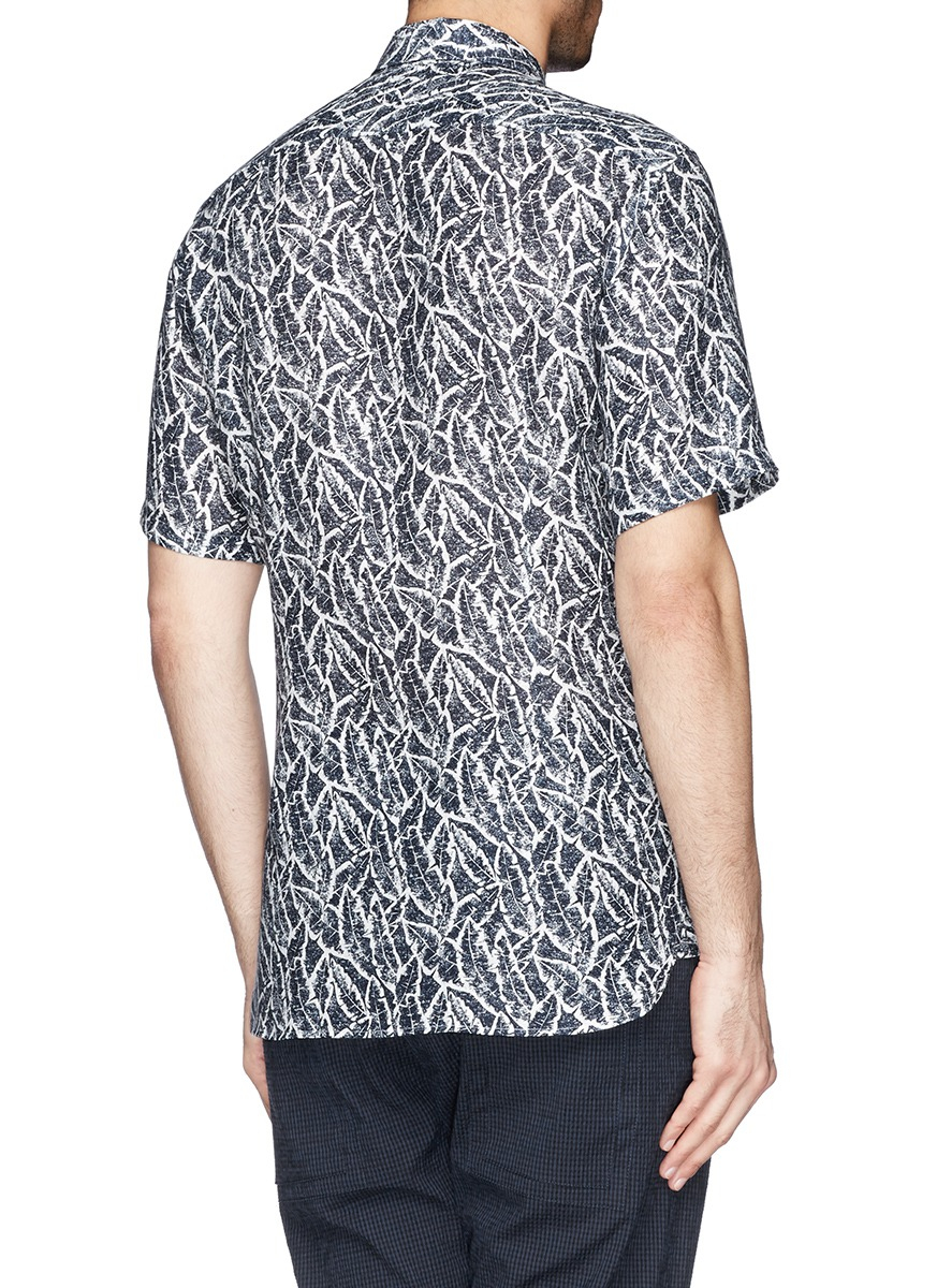 Lyst - Mauro Grifoni Leaf Print Linen Cambric Shirt in Blue for Men