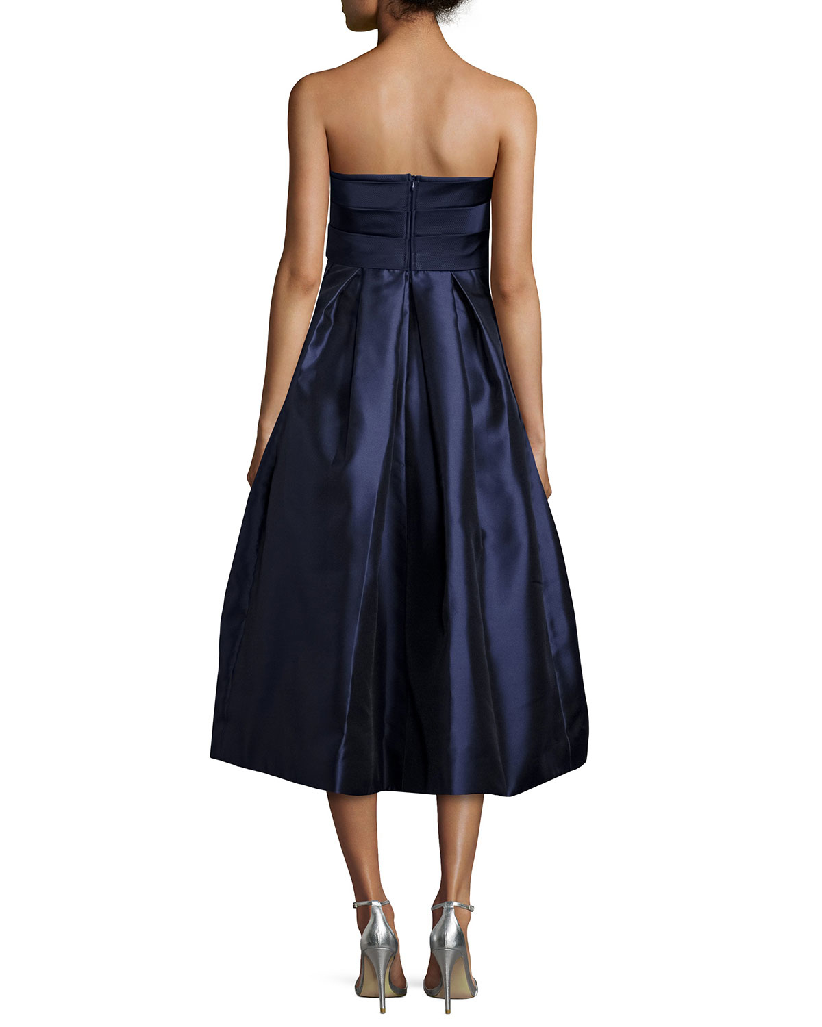 Monique Lhuillier Strapless Empire Waist Pleated Midi Dress In Blue Lyst 9926