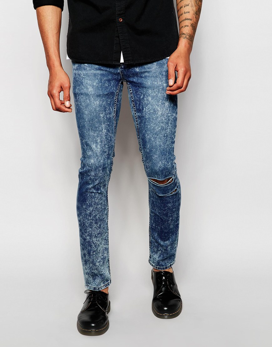 Cheap monday Jeans Tight Skinny Fit Youth Blue Acid Knee Rip in Blue ...