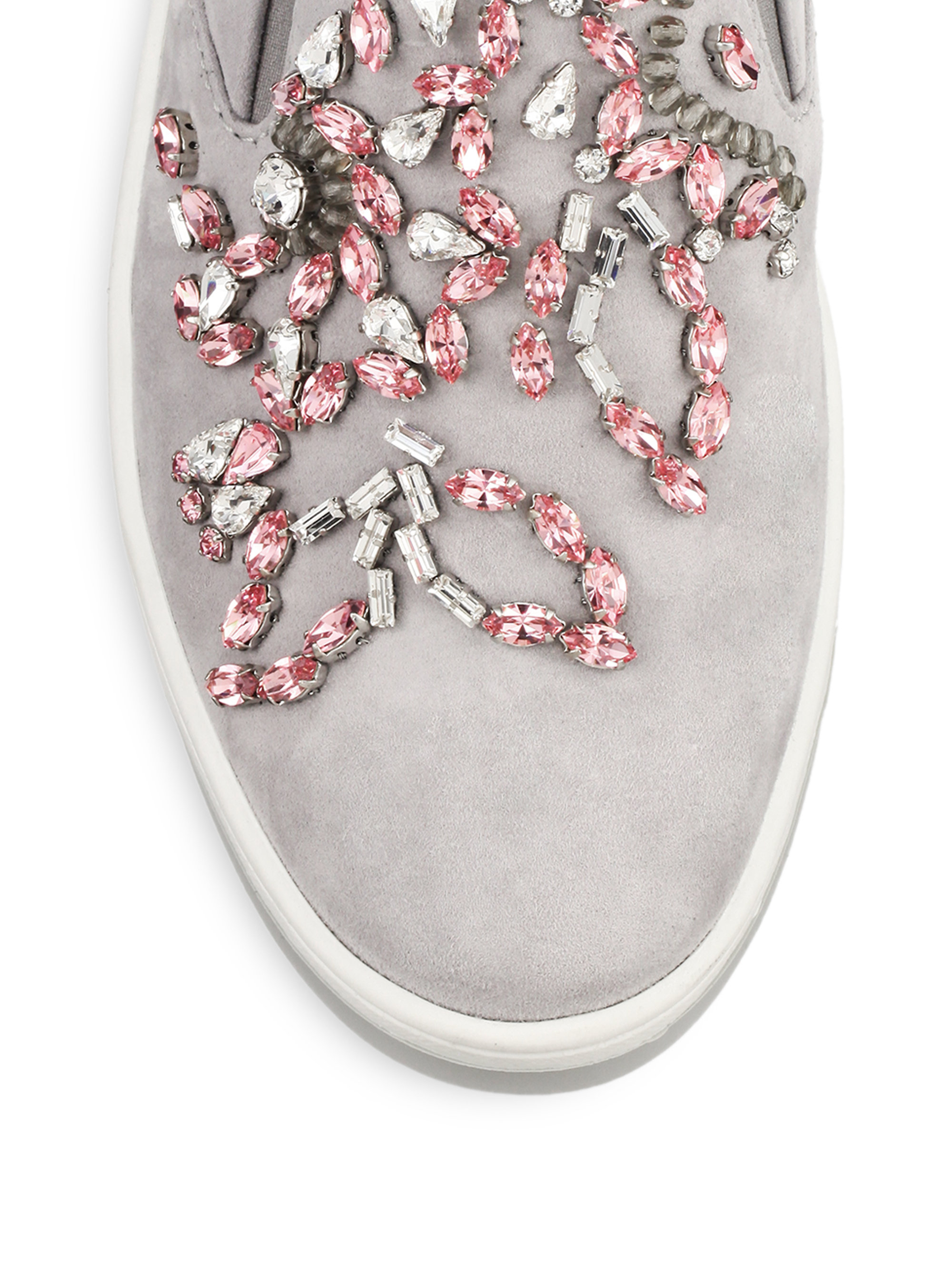Lyst Prada Jeweled Suede Slipon Sneakers in Pink