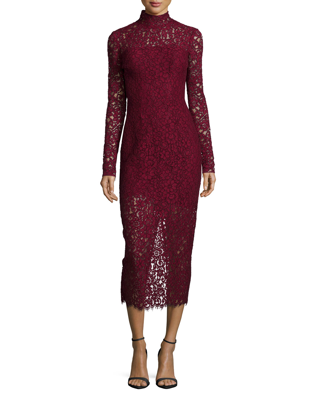 Lyst - Monique Lhuillier Long-sleeve Lace Midi Cocktail Dress in Red
 Midi Evening Dress
