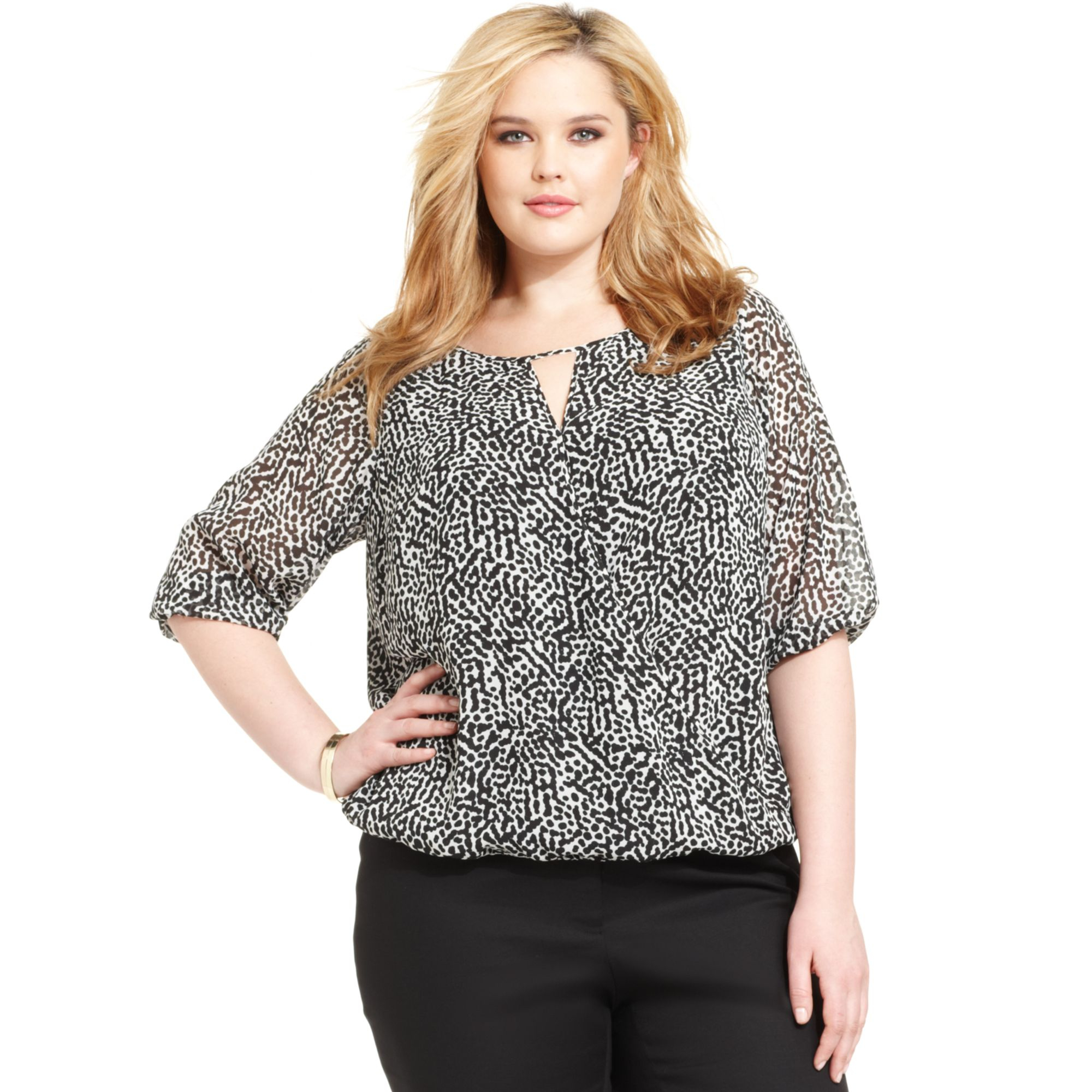 Vince Camuto Plus Size Longsleeve Printed Fauxwrap Top in Black (Rich ...