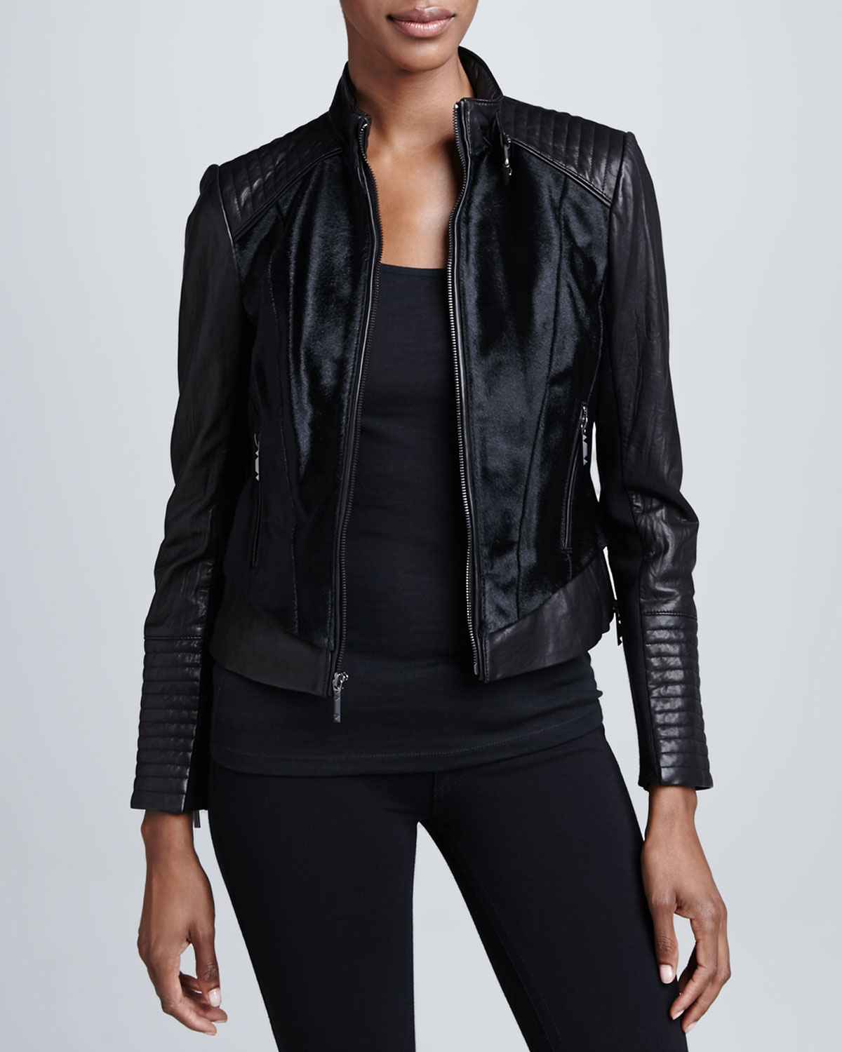 Bcbgmaxazria Leather Fur Moto Jacket In Black Lyst