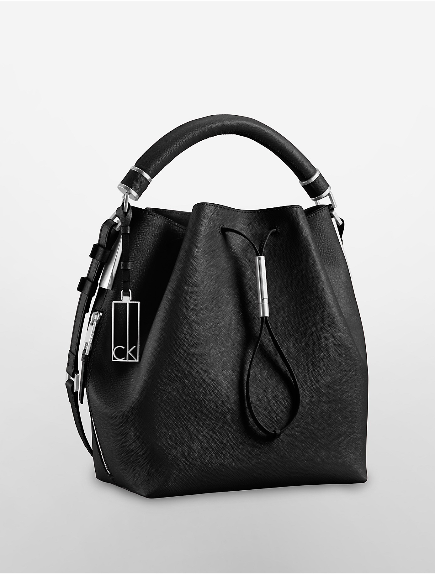 Calvin klein Galey Saffiano Leather Convertible Drawstring Bucket Bag ...
